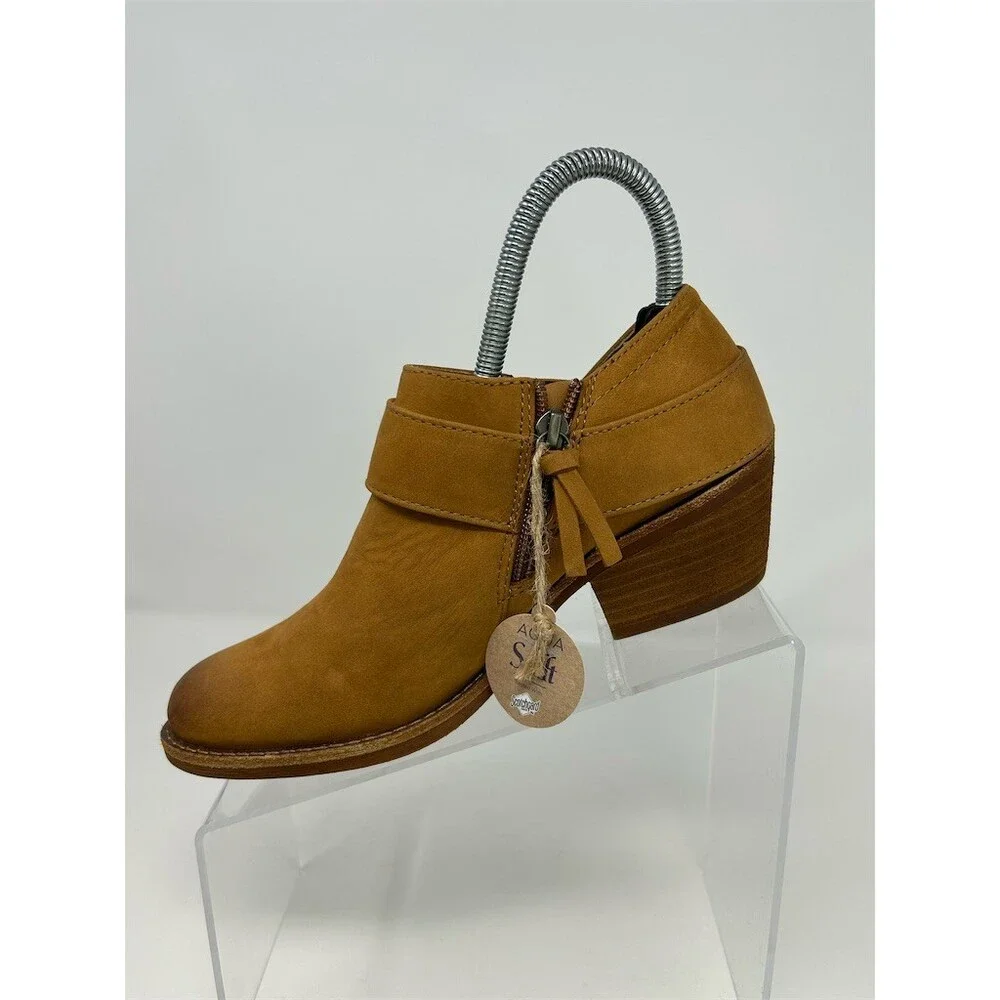 Sofft Ankle Booties Brown Tan Camel Side Zip Buckle Strap Round Toe Block Size 6